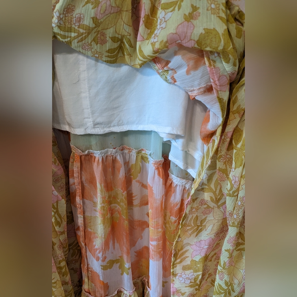 Free People Diagonal Tiered Floral Maxi Dress in Mint, Peach & Yellow - Picture 9 of 15